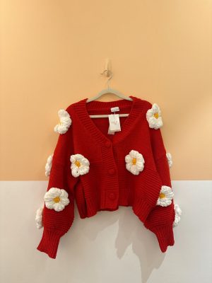 Casaco tricot vermelho flores Mom Pwr P
