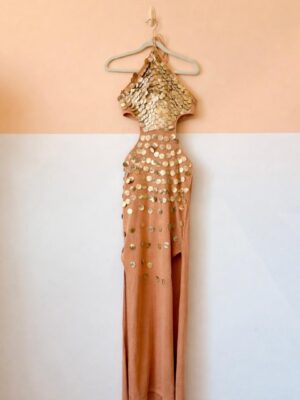 Vestido tricot marrom escamas Open P