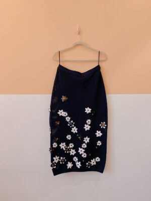 Calça azul tricot flores aplicadas Coven P